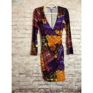 Cache Dress Womens Small Colorful Abstract Art Bodycon Ruched Stretchy Eclectic